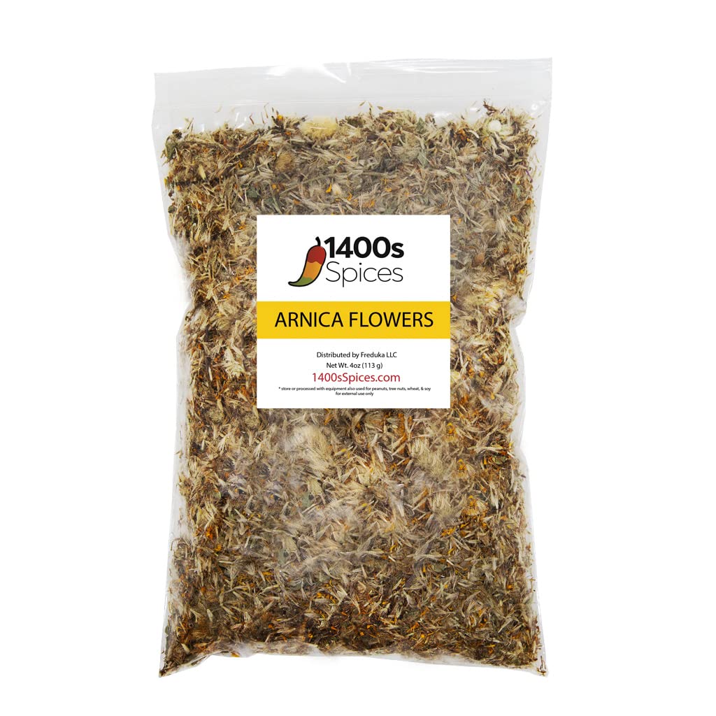 1400s Spices Arnica Flowers dried leaves, front view, ideal for topical remedies.