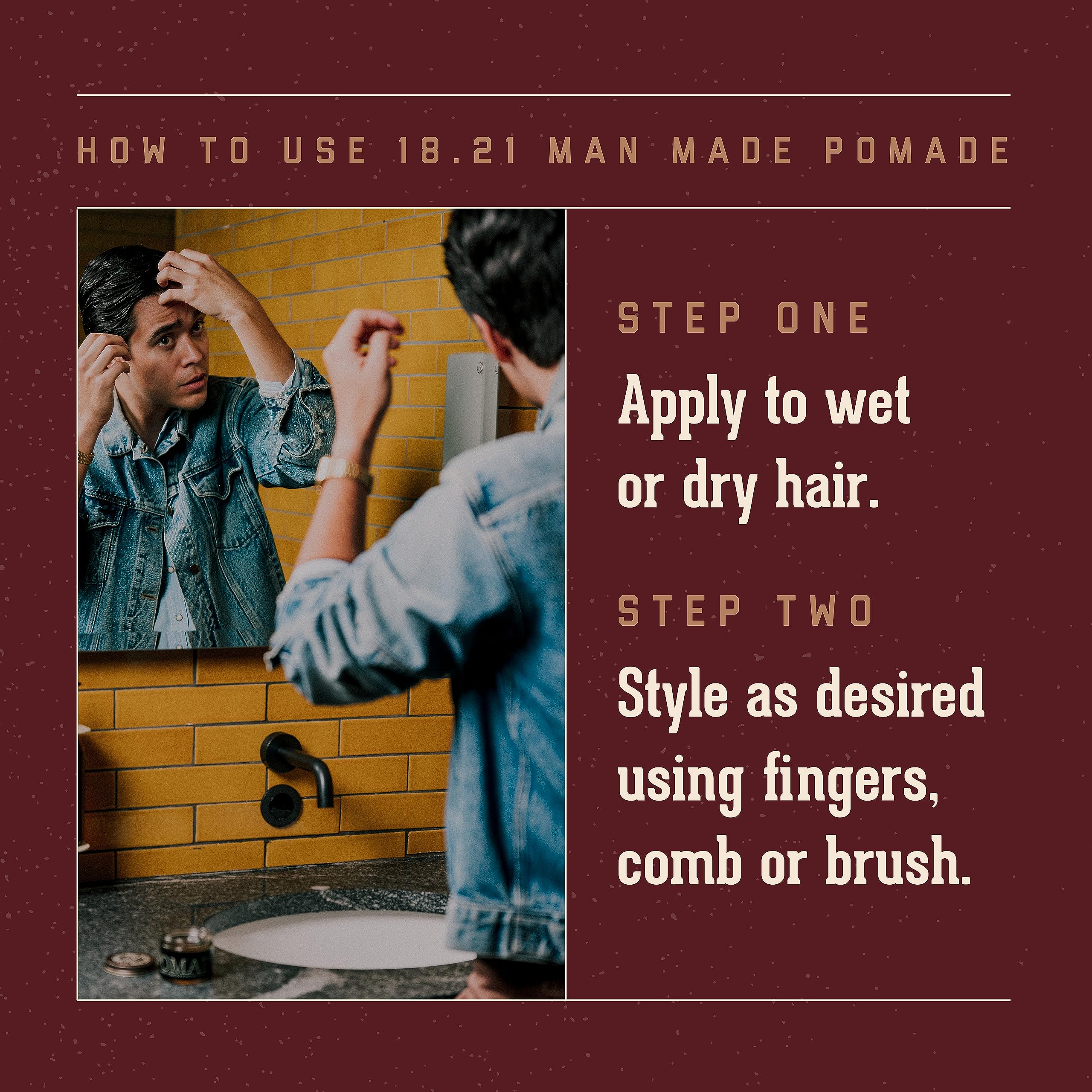 Hair being styled with 18.21 Man Made pomade for sleek, frizz-free shine.