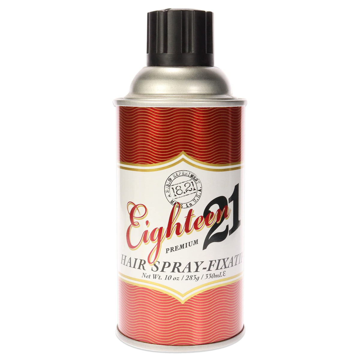18.21 Man Made premium hairspray bottle shows fast-drying formula for all hair types.