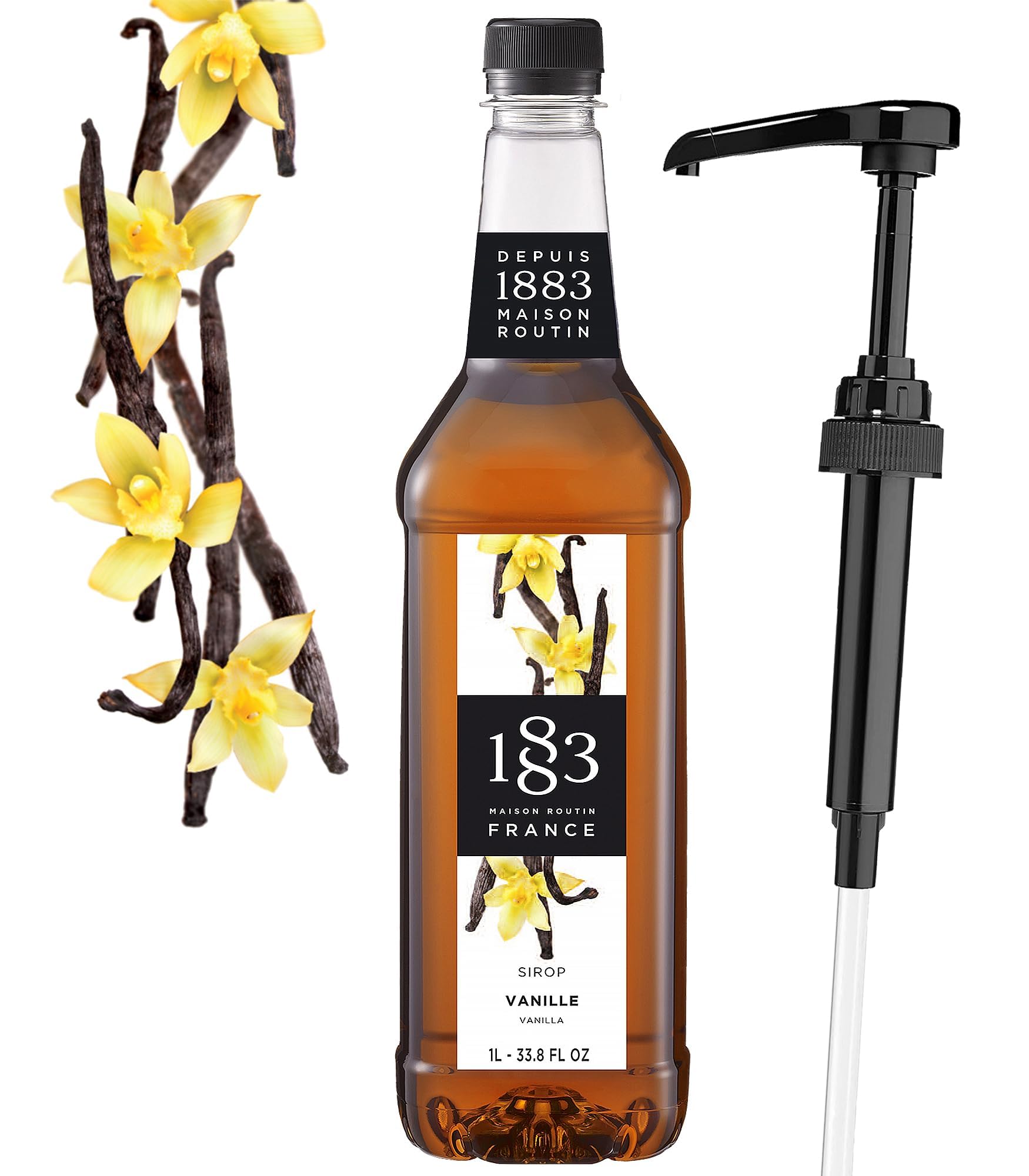 1883 MAISON ROUTIN vanilla syrup pump bottle highlighting premium vanilla flavor for coffee