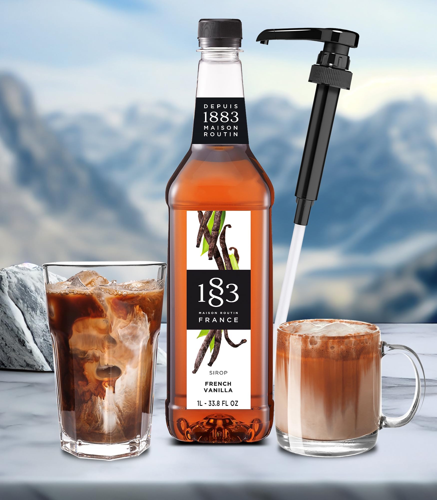 1883 MAISON ROUTIN vanilla syrup pump closeup emphasizes aroma and pour control