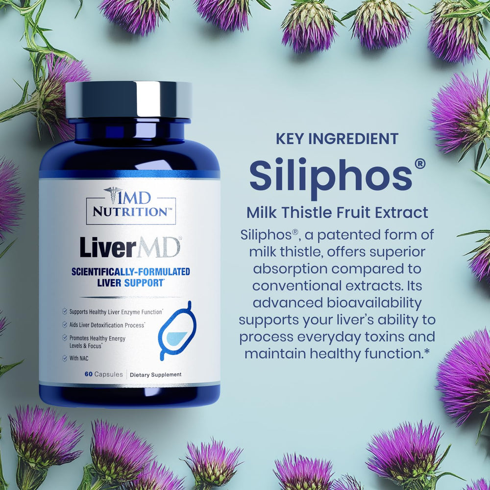 1MD LiverMD bottle pour illustrating convenient daily dosage.