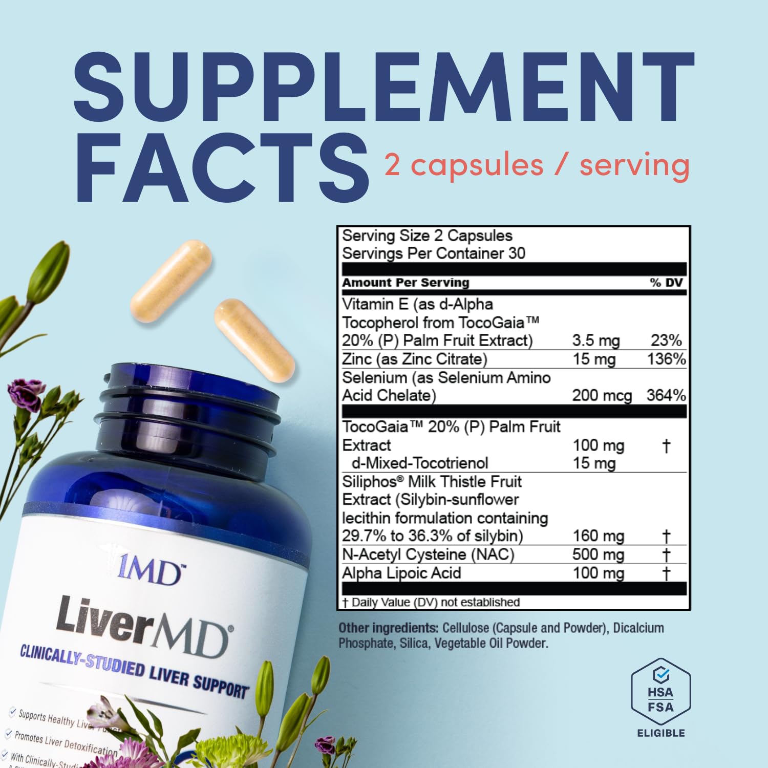 1MD LiverMD dosage schedule visual highlighting two capsules per day.