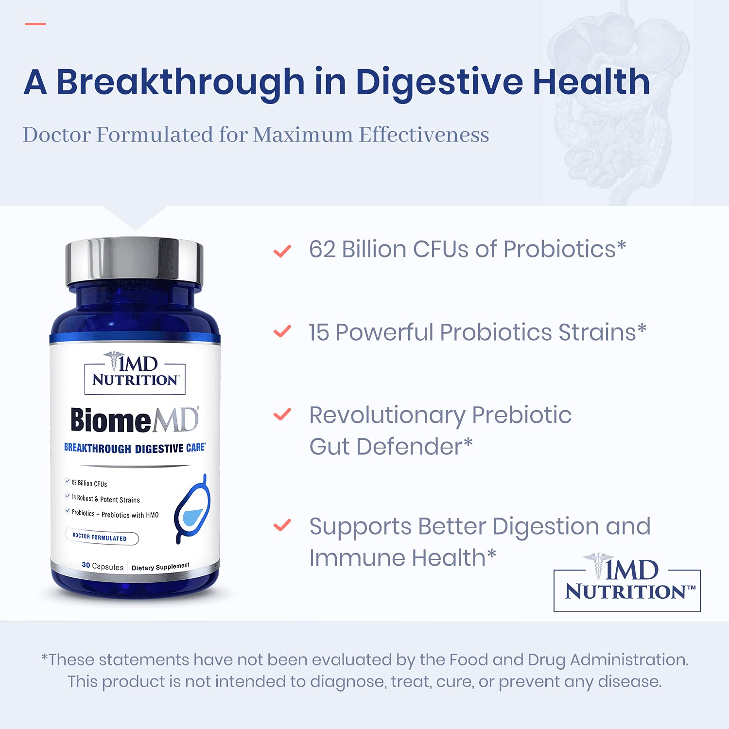 1MD Nutrition BiomeMD Probiotics 15 strains graphic highlights diverse gut bacteria.