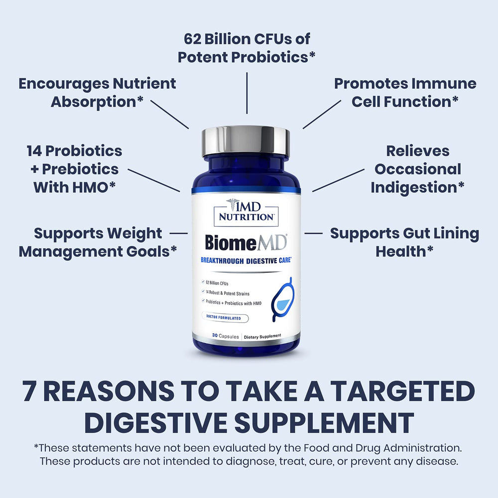 1MD Nutrition BiomeMD Probiotics 62B CFUs panel demonstrates high potency for daily use.