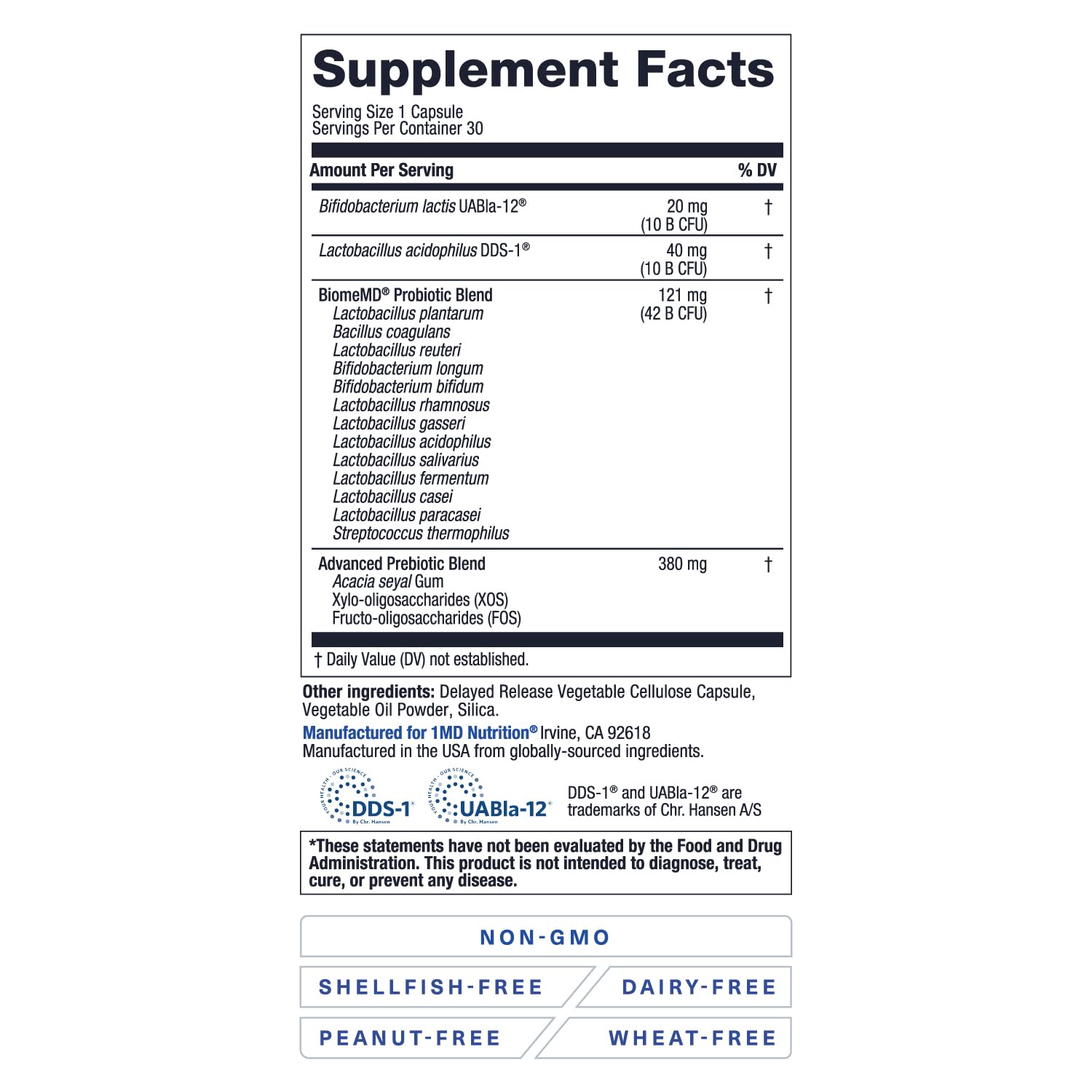 1MD Nutrition BiomeMD Probiotics bottle with water suggests easy daily consumption.