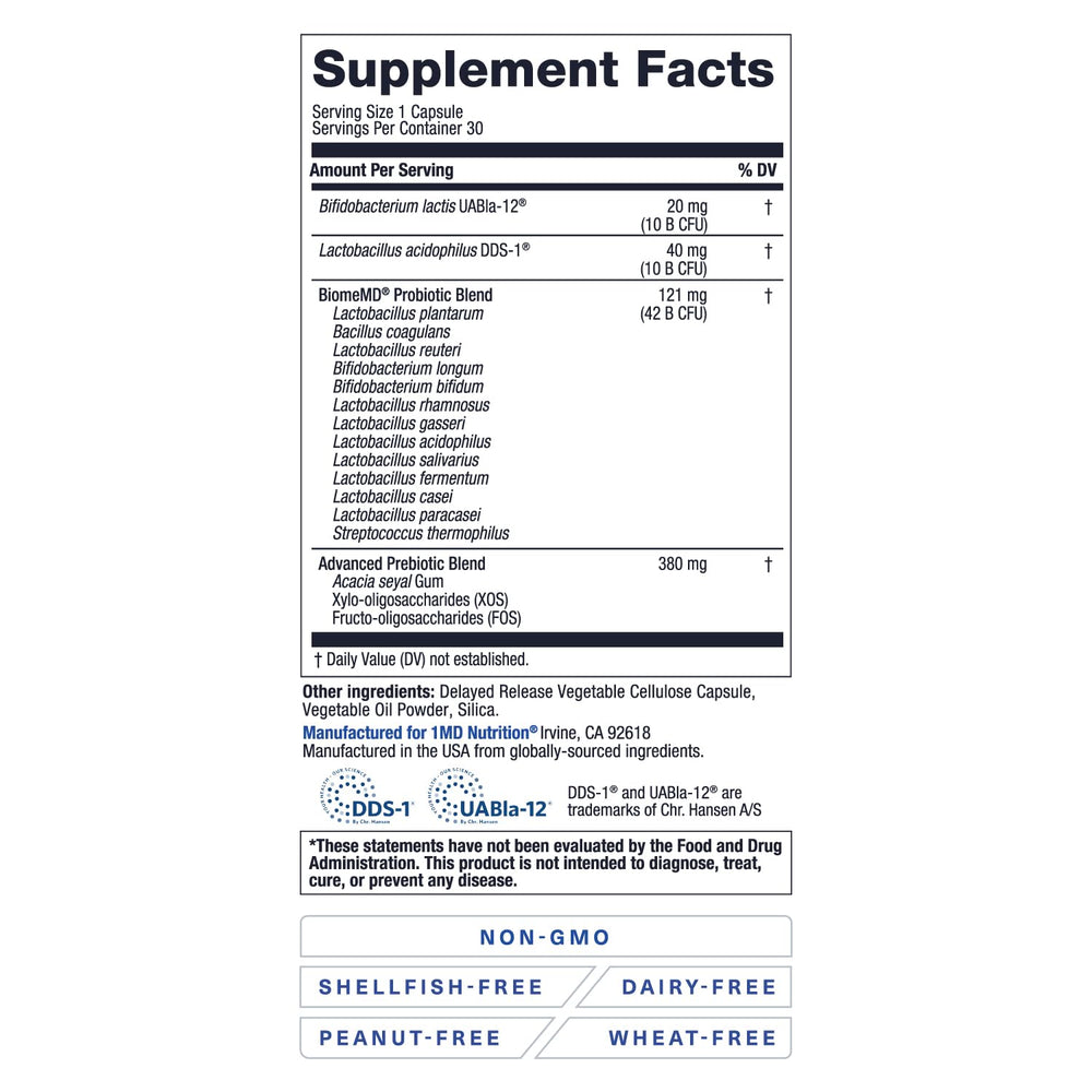 1MD Nutrition BiomeMD Probiotics bottle with water suggests easy daily consumption.