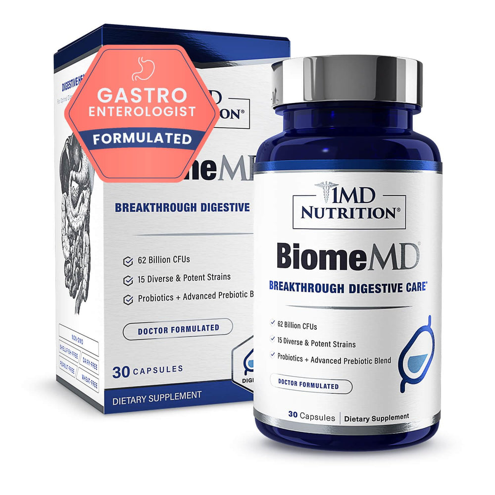 1MD Nutrition BiomeMD Probiotics bottle supports daily digestive balance.
