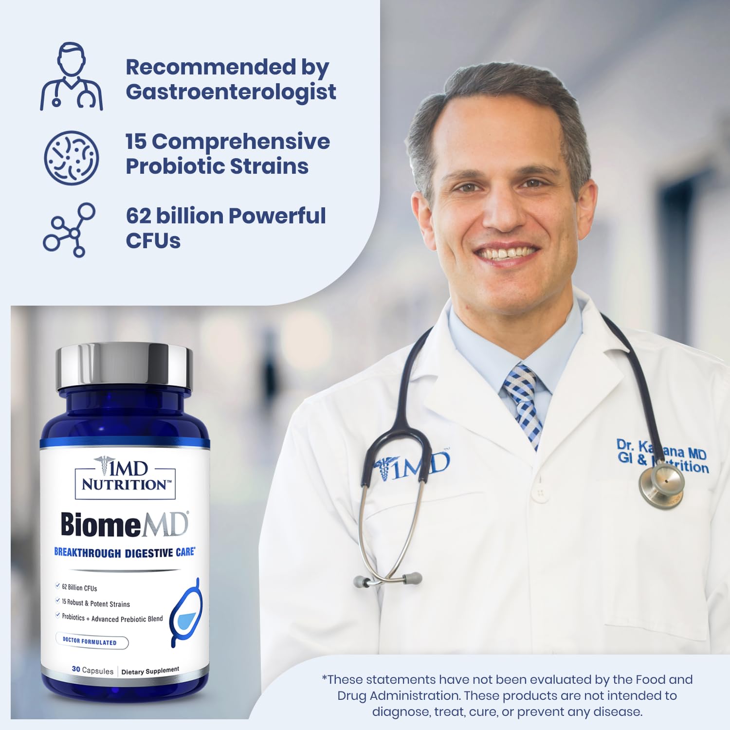 1MD Nutrition BiomeMD Probiotics capsules close-up highlights potency for gut support.
