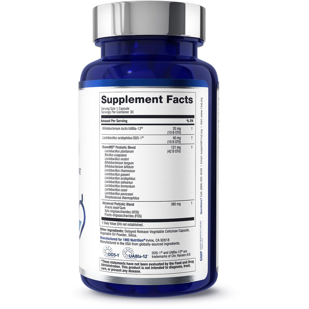1MD Nutrition BiomeMD Probiotics physician-formulated badge signals trusted digestive support.