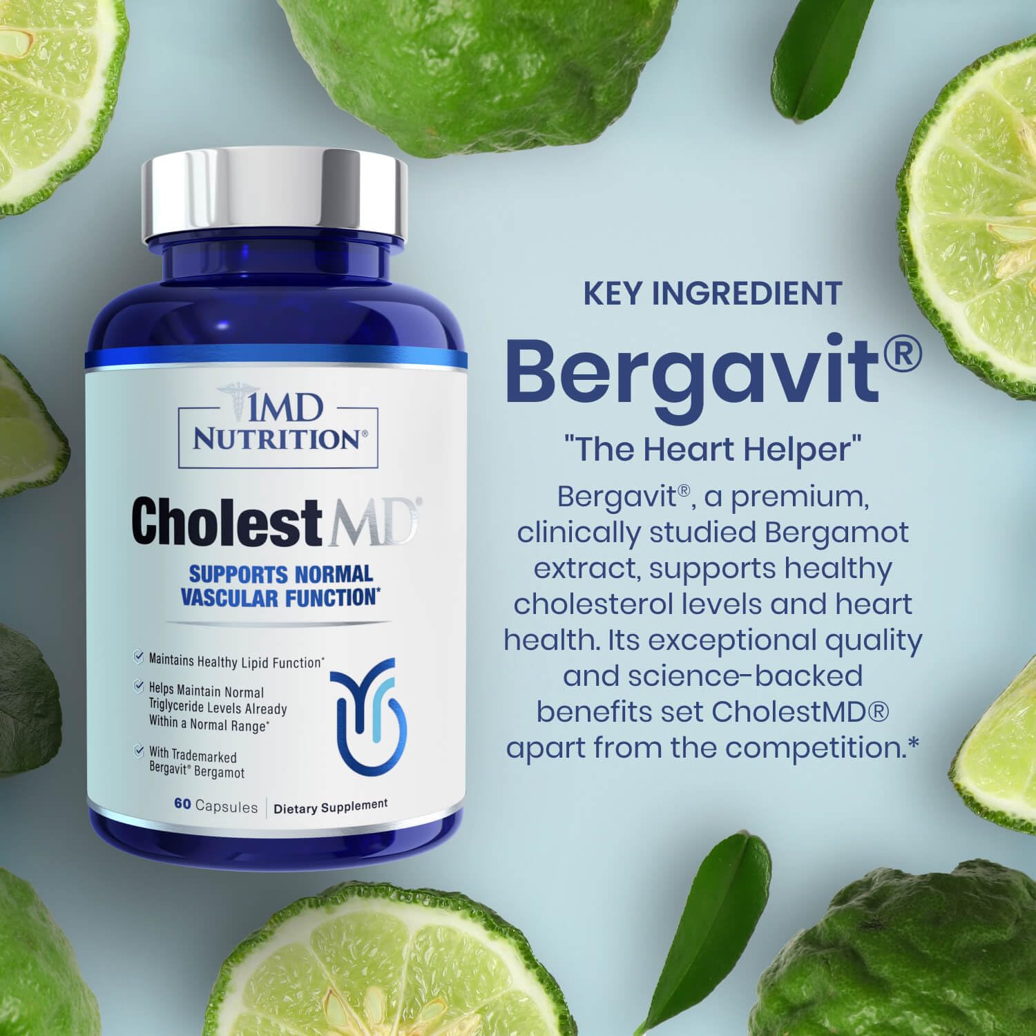 1MD CholestMD Bergavit capsules highlight bergamot flavonoids for overall health support