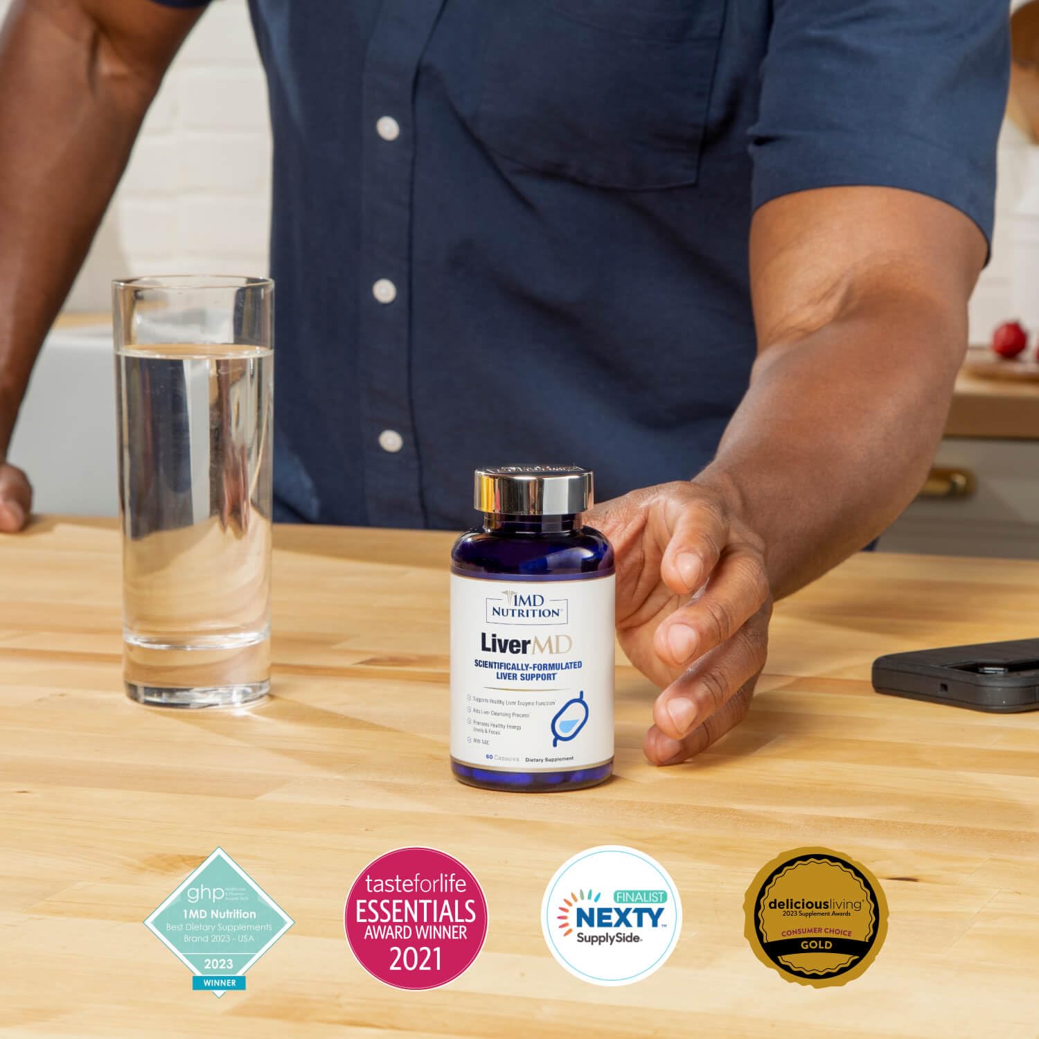 1MD Nutrition LiverMD immune-support image with capsules highlighting immune health