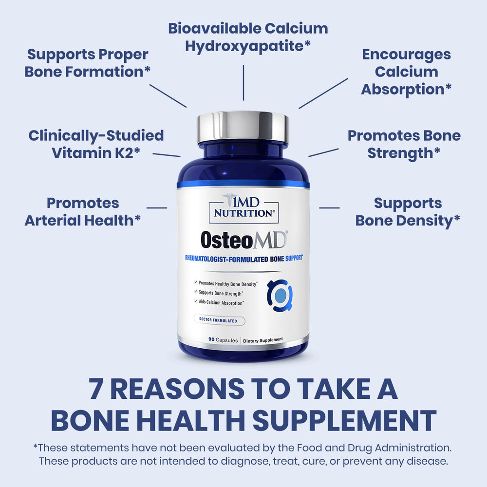 1MD OsteoMD bottle back with supplement details for daily bone maintenance