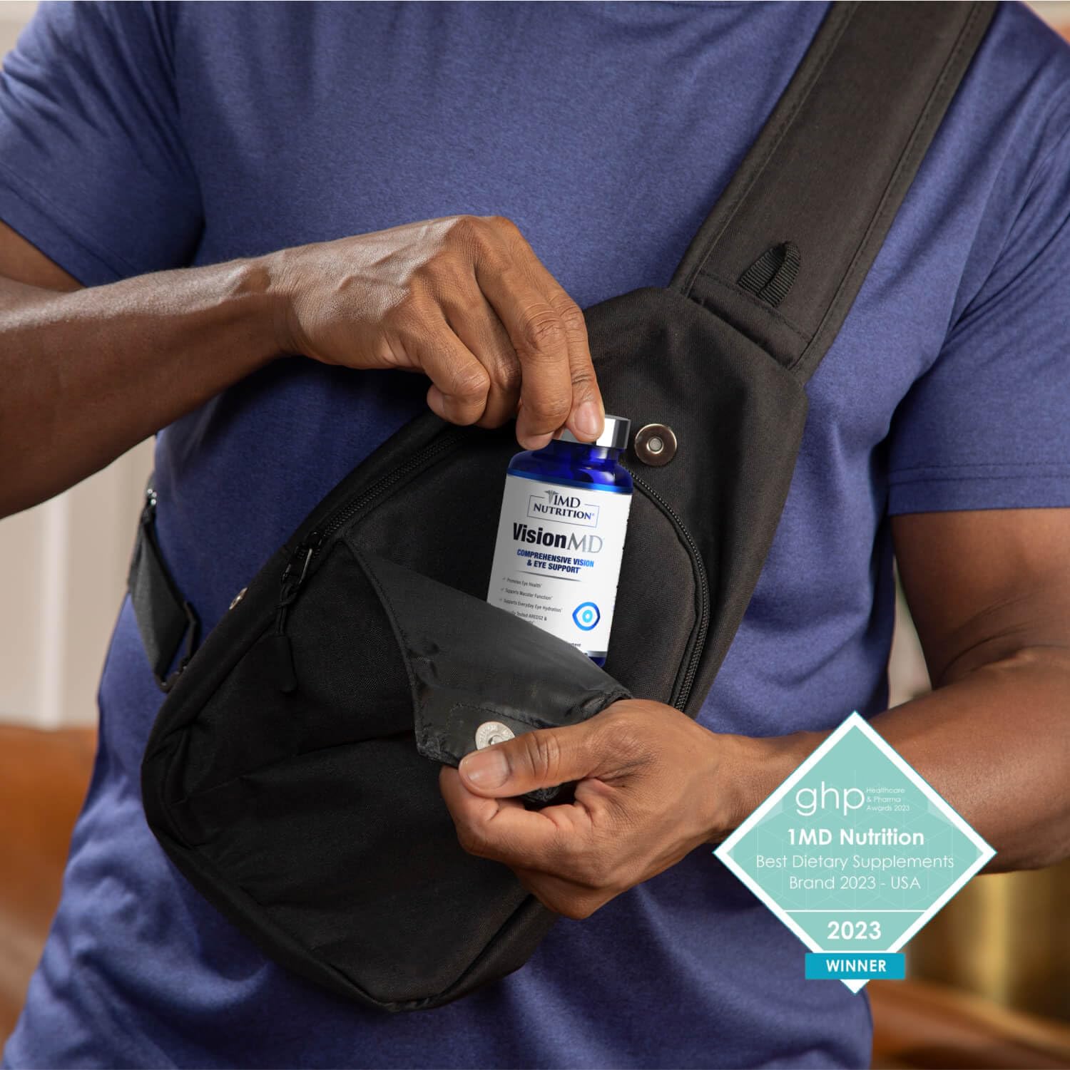 1MD VisionMD packaging in hand for portable daily eye care