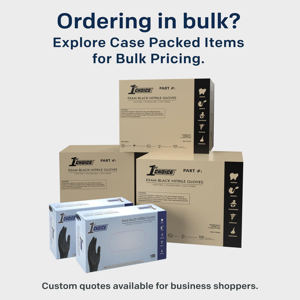 1st Choice Black nitrile gloves with textured fingertips for secure grip.