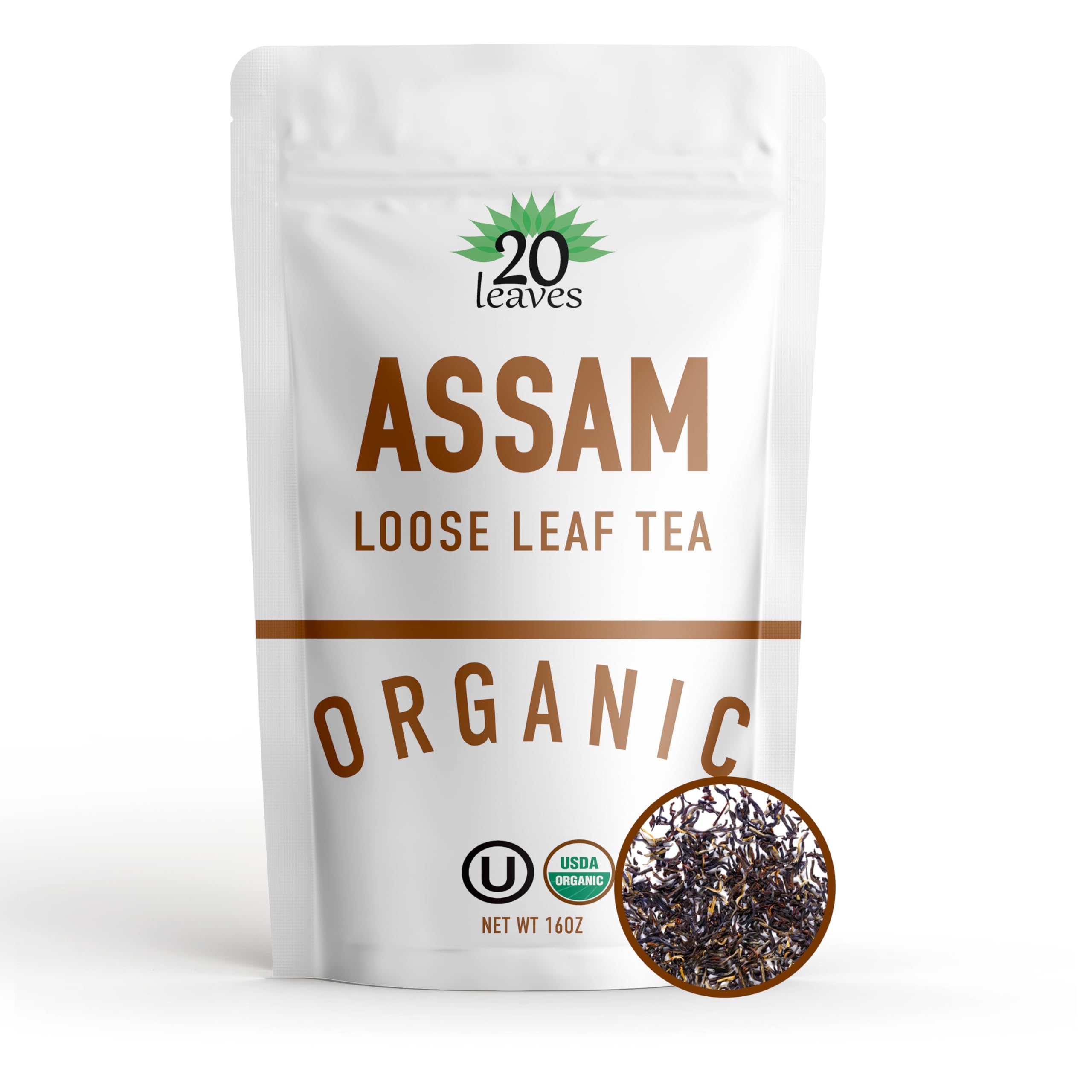 20 Leaves Assam loose-leaf tea in a 1lb pouch for daily brewing.