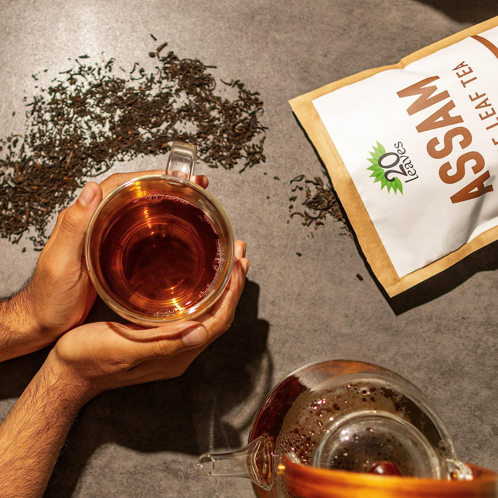 20 Leaves Assam tea with robust malt and aroma in a steaming cup.