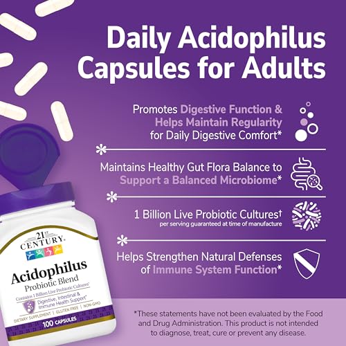 Close-up of 21st Century Acidophilus capsules for easy daily use