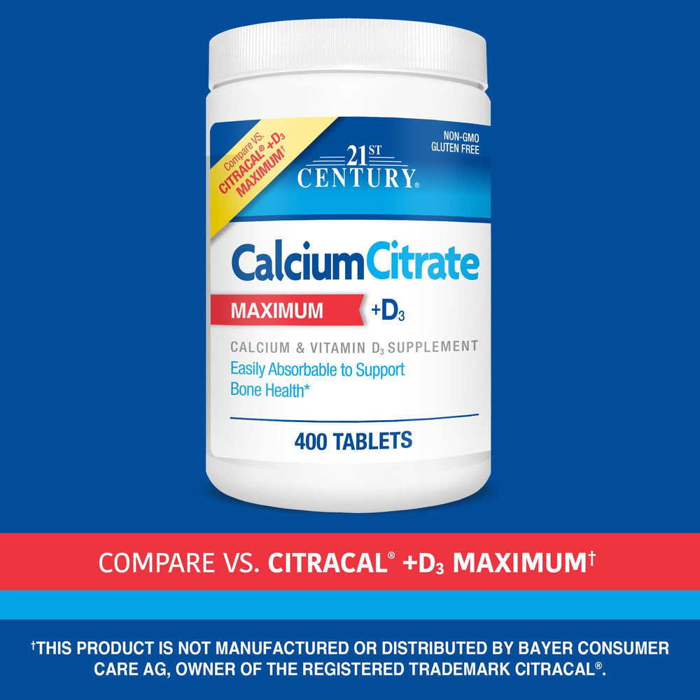 Label image for 21st Century Calcium Citrate D3 shows daily dosage guidance.