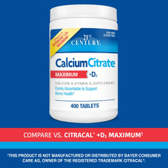 Label image for 21st Century Calcium Citrate D3 shows daily dosage guidance.