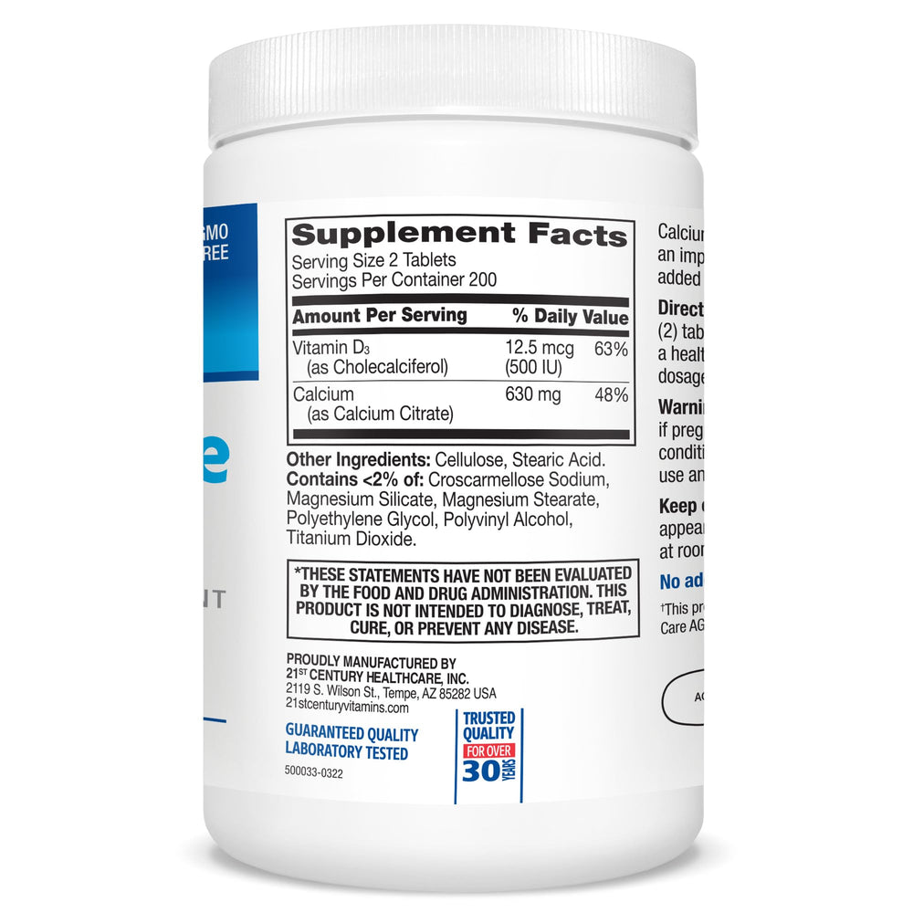 Supplement facts panel for 21st Century Calcium Citrate D3 provides ingredient details.