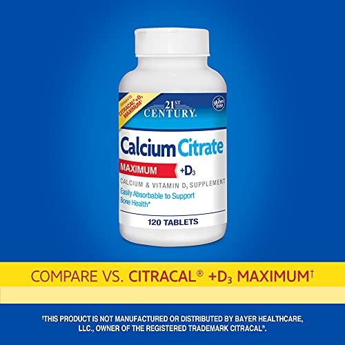 21st Century Calcium Citrate Plus D Maximum Caplets bottle back highlights gluten-free and no sugar.