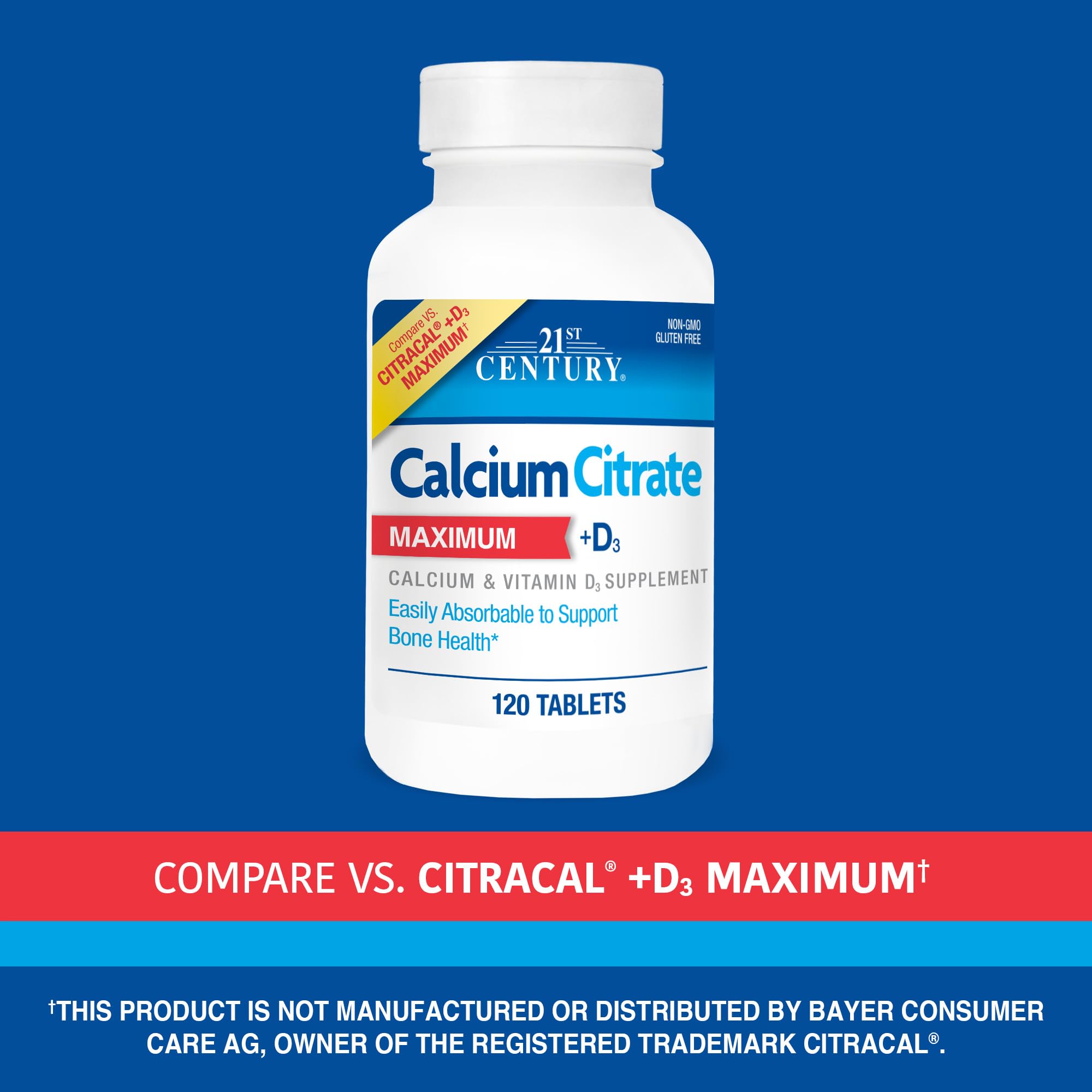 21st Century Calcium Citrate Plus D Maximum Caplets packaging view signals no artificial flavors.