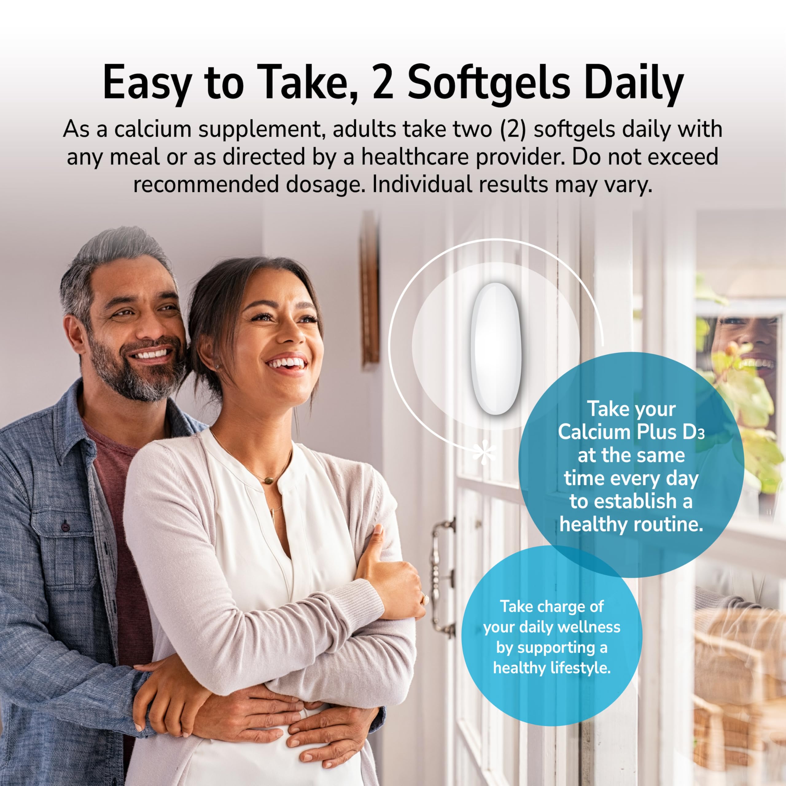 21st Century Calcium Plus D3 softgels beside glass of water for daily use