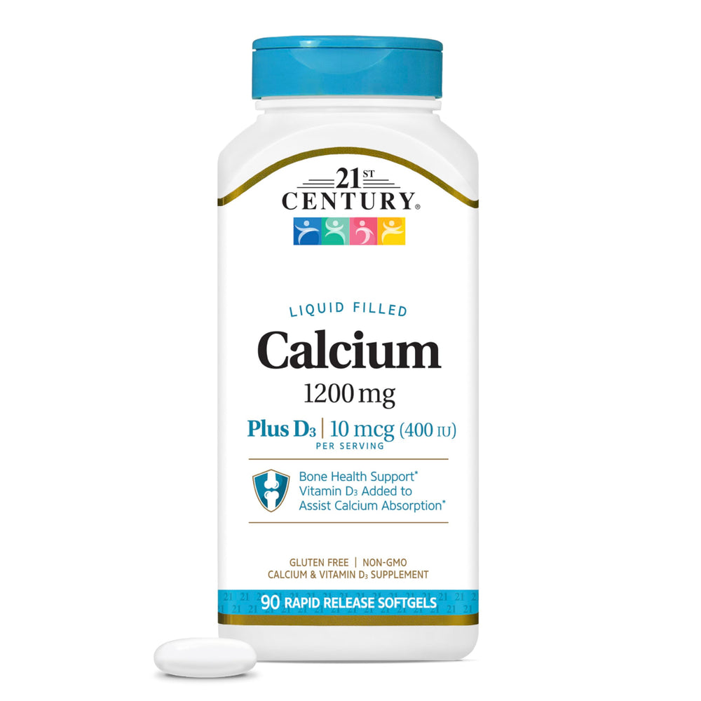 21st Century Calcium Plus D3 bottle with softgels shows bone support potential