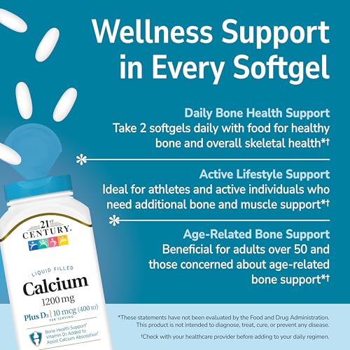 Close-up of 21st Century Calcium Plus D3 liquid-softgels for fast absorption