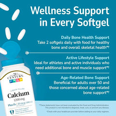 Close-up of 21st Century Calcium Plus D3 liquid-softgels for fast absorption