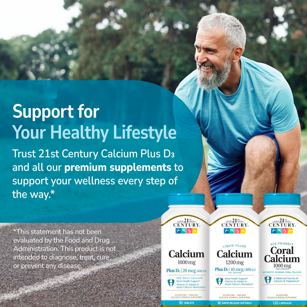 21st Century Calcium Plus D3 packaging highlights a balanced bone health routine