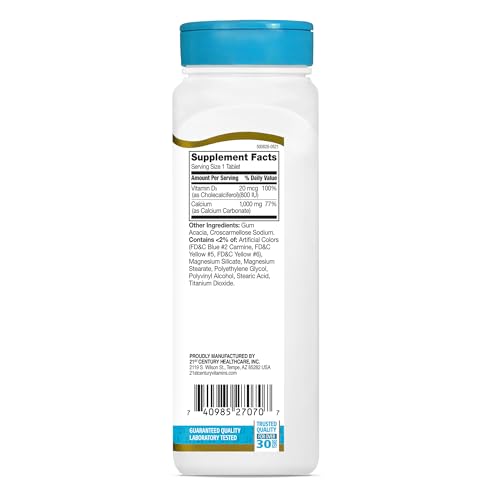 21st Century Calcium Plus D3 bottle back with dosage and ingredients