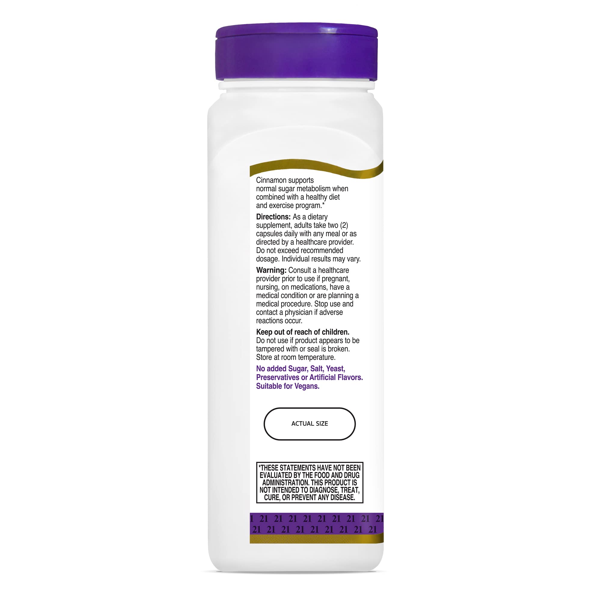 21st Century Cinnamon bottle side highlighting gluten-free and vegan-friendly capsules