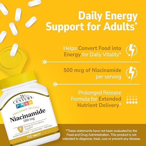 Close-up of 21st Century Niacinamide 500 mg label emphasizing purity and label potency.