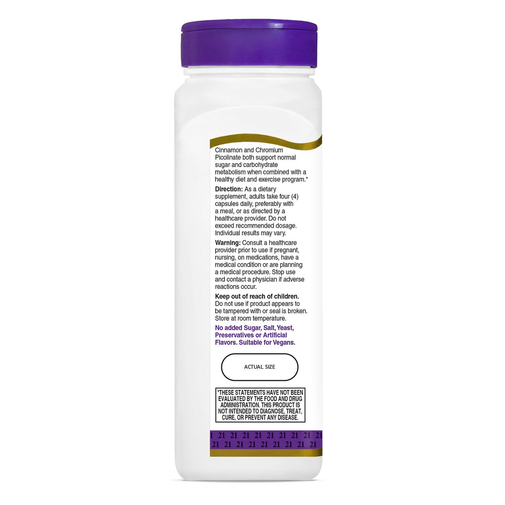 Ingredient panel highlights cinnamon and chromium with clear dosage information.