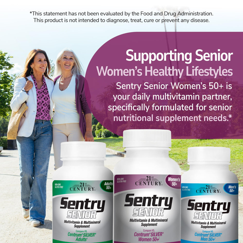 21st Century Sentry Senior Women 50+ tablets back label emphasizes full nutrient spectrum.