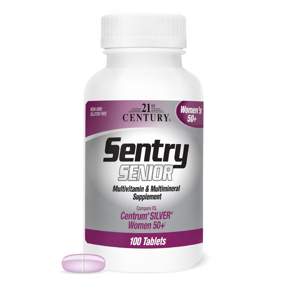 21st Century Sentry Senior Women 50+ tablets bottle front shows daily multivitamin guidance.