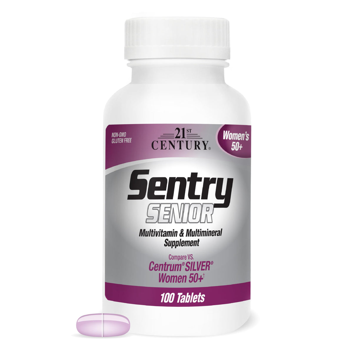 21st Century Sentry Senior Women 50+ tablets bottle front shows daily multivitamin guidance.