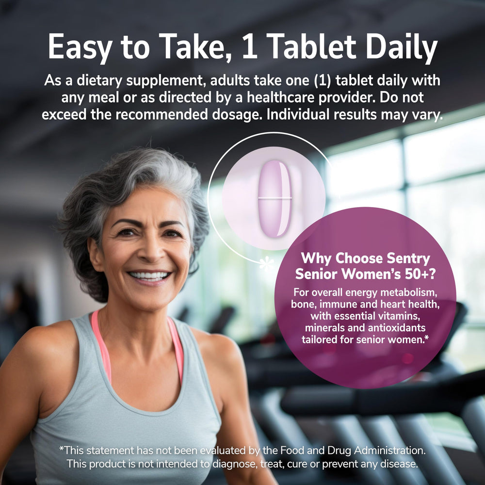 21st Century Sentry Senior Women 50+ tablets label shows professional design and quality cues.