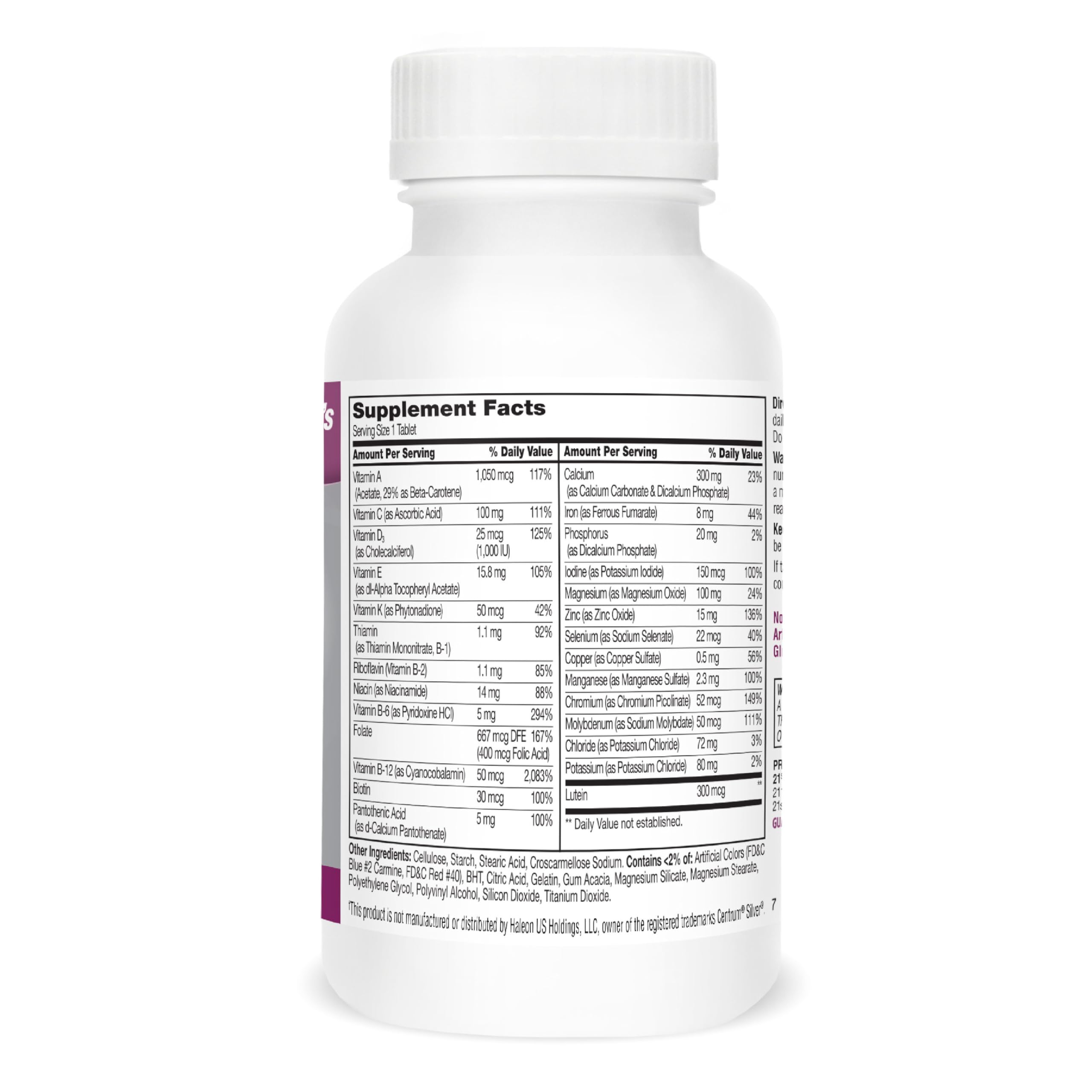 21st Century Sentry Senior Women 50+ tablets pill array demonstrates essential micronutrients.