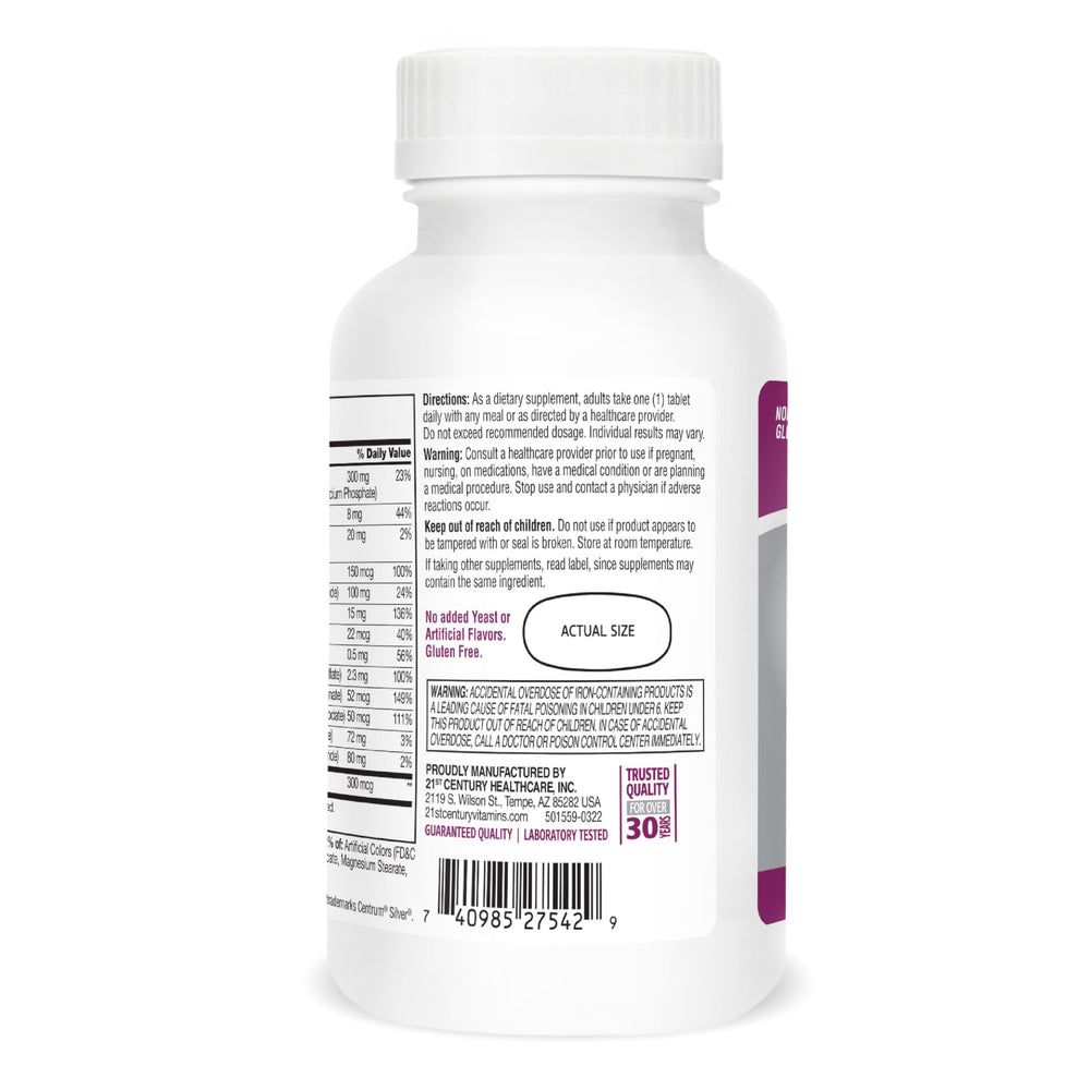 21st Century Sentry Senior Women 50+ tablets on a kitchen counter signals daily routine.