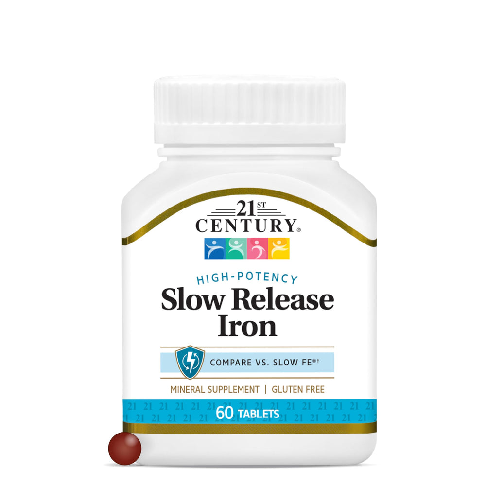 21st Century slow release iron tablets bottle front shows gluten-free, high-potency daily support.