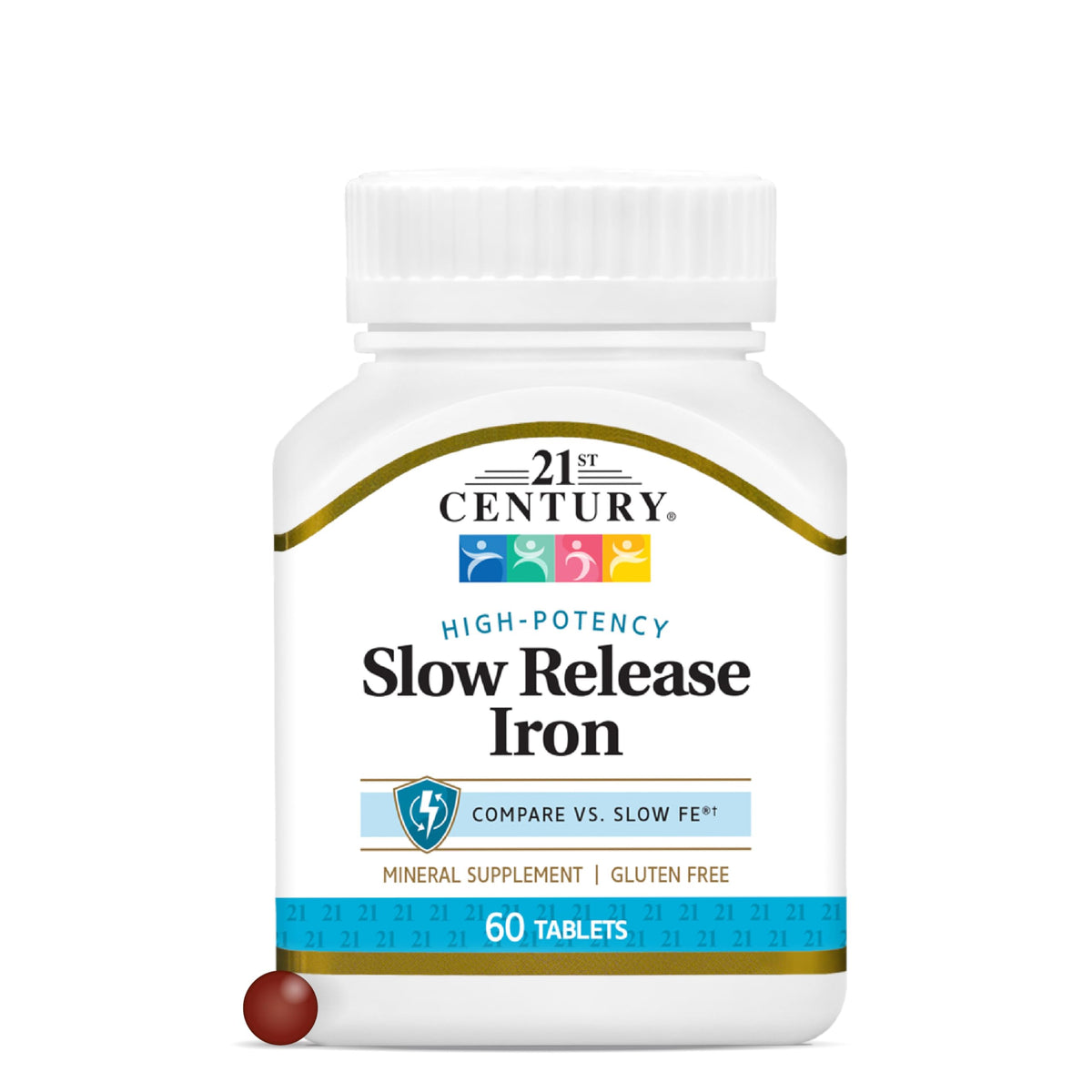 21st Century slow release iron tablets bottle front shows gluten-free, high-potency daily support.