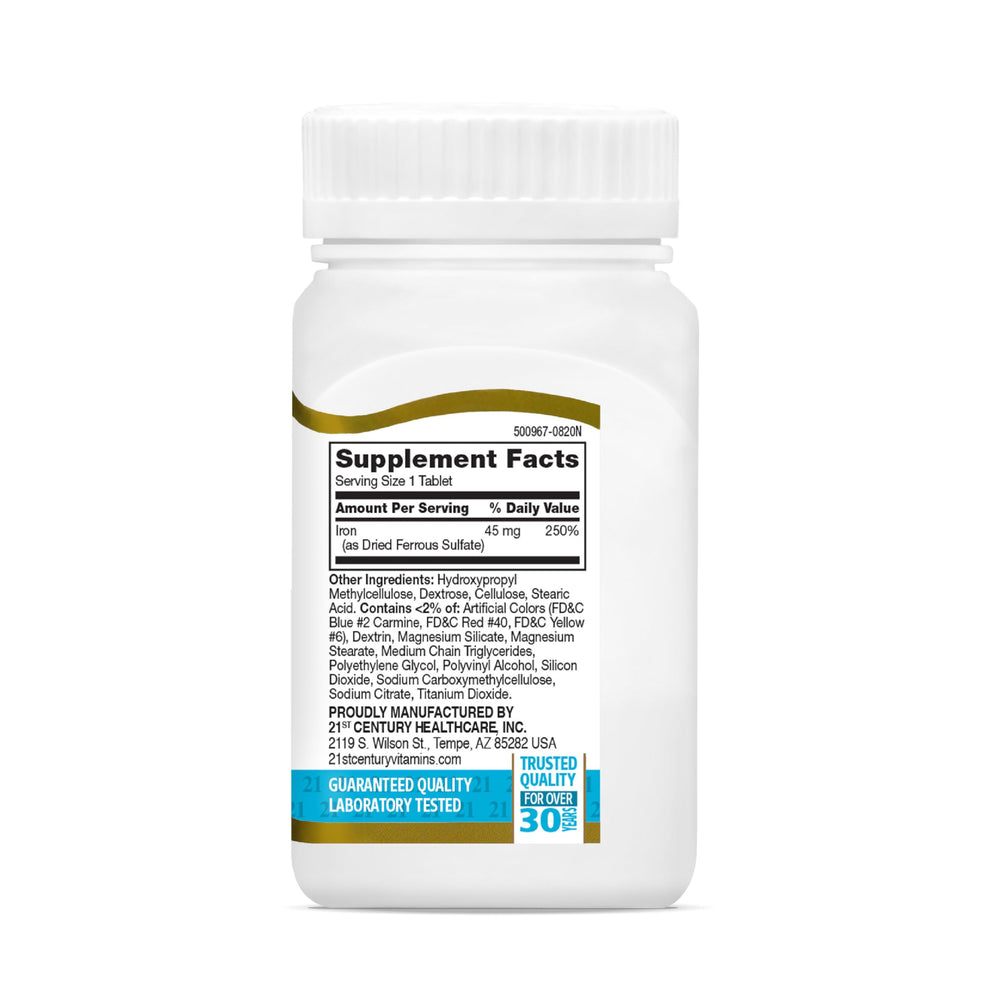 21st Century slow release iron tablets bottle rotation shot emphasizes accessibility.
