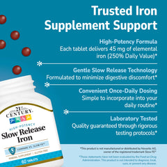 21st Century slow release iron tablets label front shows gluten-free badge and potency.