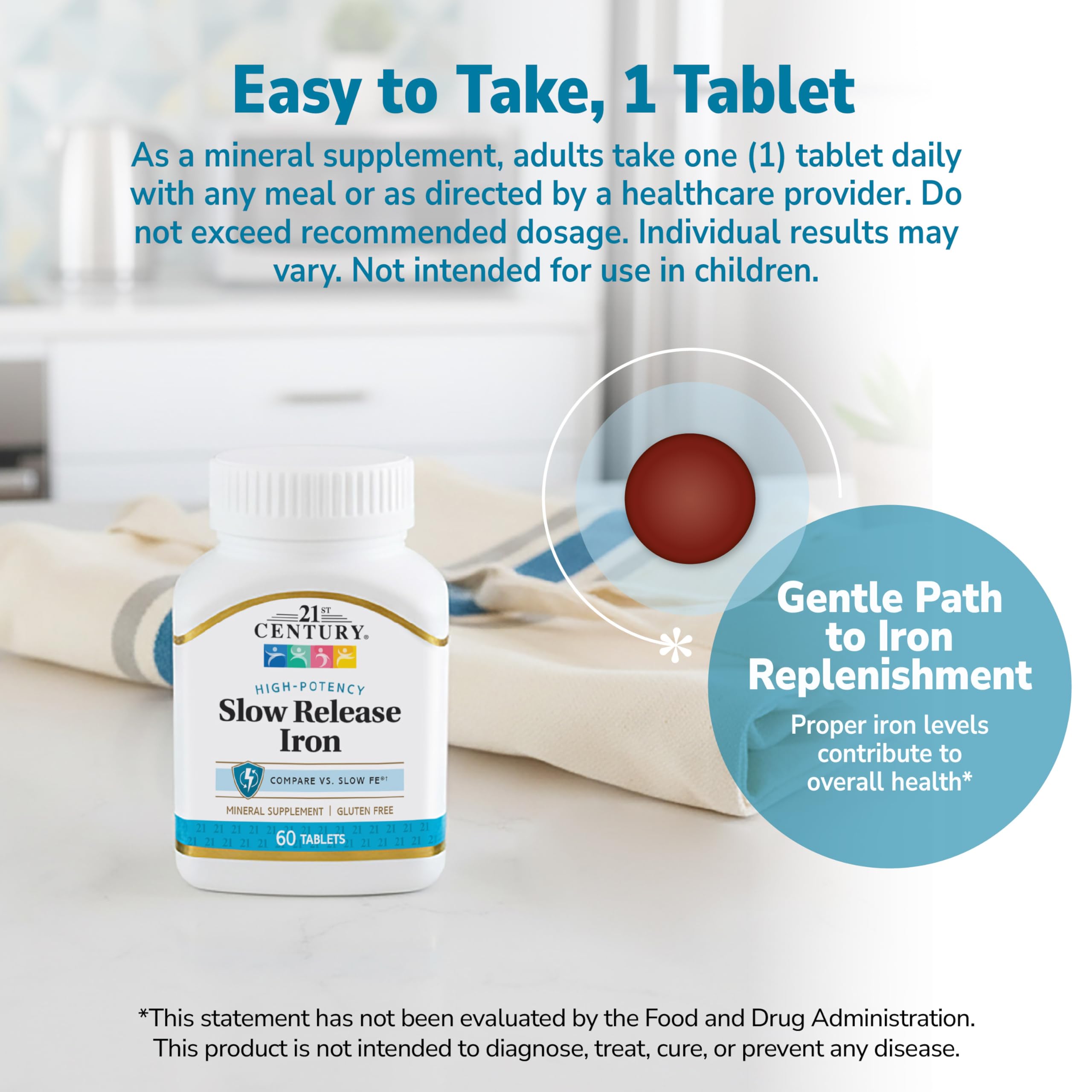 21st Century slow release iron tablets packaging side reveals durable bottle.