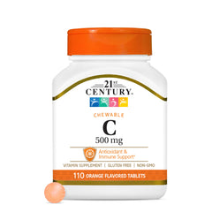 21st Century Vitamin C 500 mg chewables in orange, bottle view for convenient daily antioxidant support