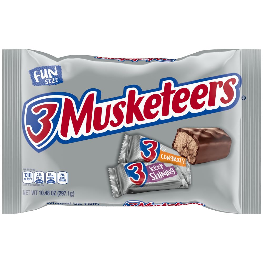 3 Musketeers Fun Size bag packaging, ideal for sharing at gatherings and on-the-go