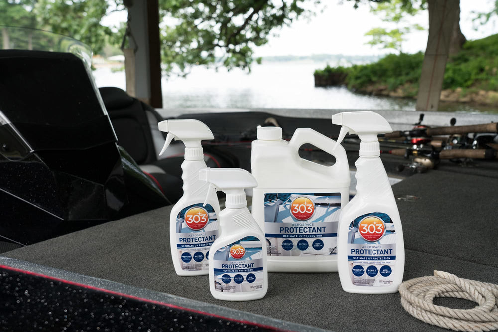 Outdoor boat exterior treated with 303 Protectant resists staining and fading.